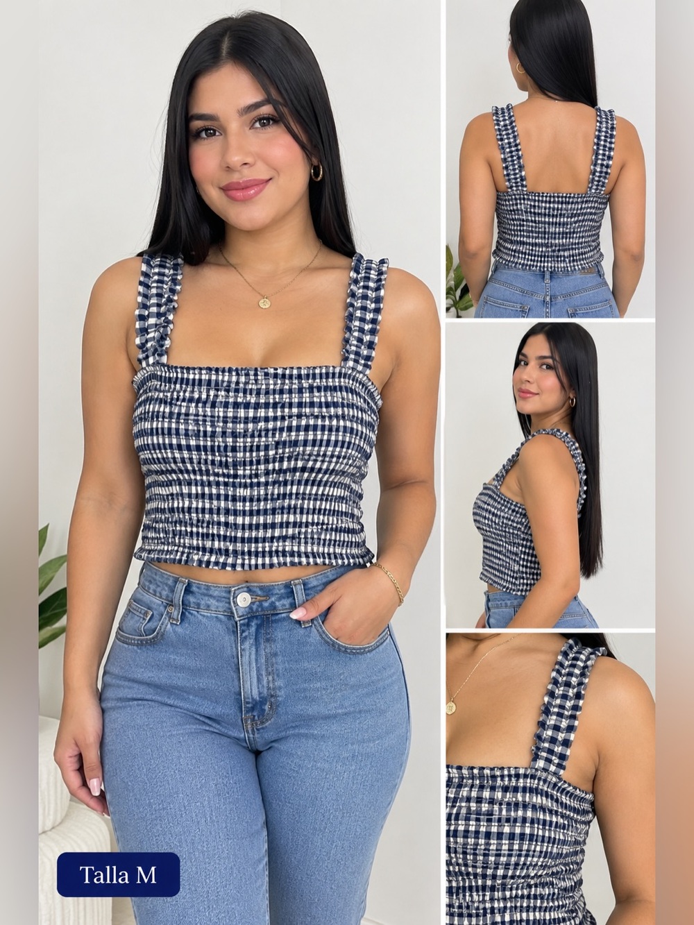 Smocked Navy Gingham Square-Neck Camisole